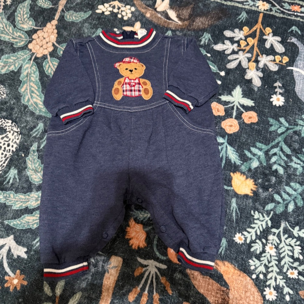 Vintage Baby Boy 3-6 Teddy Bear Plaid Applique Navy Romper Long Sleeve outfit - Picture 2 of 7